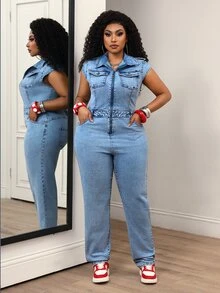 Slaydiva Plus Size Zipper Half-Placket Pocket Fashion Denim Jumpsuit - Blue - View 4