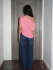 Slaydiva Slightly V-Neck Batwing Sleeve Sleeveless Shoulder-Slit Loose Fit White - Coral Pink - View 2