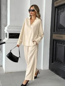Pariaura New Women's Long Sleeve Polo Collar Commuter Blended Shirt With Double Pockets And Loose Wide Leg Pants 2 Pieces Set - Beige - View 1