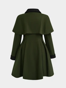 Sweetra Plus Size Women's Colorblock Pleated Fashion Versatile Overcoat - Army Green - View 2