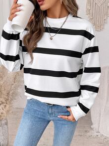SHEIN LUNE 女款條紋拼色休閒日常長袖運動衫 - 白色 - 查看 4
