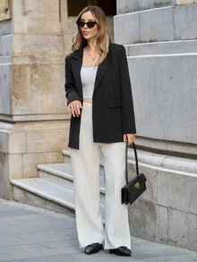 SHEIN Solid Color Flip Pocket Ladies' Suit - Black - View 3