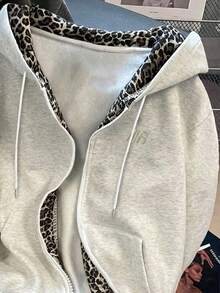 Resyla 2pcs Set, Women's Double Layer Hooded Sweatshirt, Classic Black And Light Gray Combination Jacket, Minimalist Letter Embroidery Pattern, Graphic Design, Leopard Print, Casual Versatile, Daily Wear, Multi-Color Combination - Multicolor - View 6