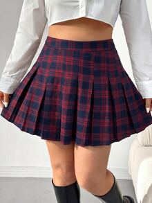 SHEIN EZwear Plus Size Vintage Casual Elegant Academy Plaid Pleated Skirt Teacher Vacation Formal Navy Blue Autumn - Red - View 1
