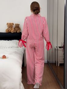 Napfluff Women's Romantic Red Striped Satin Bow Pajama Set, Party & Loungewear - Red - View 2
