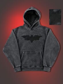 ROMWE MEN Batman X ROMWE 男士蝙蝠刺繡長袖口袋休閒連帽衫 - 黑色 - 查看 1