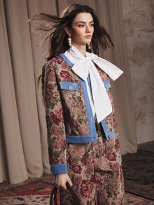Anewsta Spring/Autumn Vintage French Style Jacquard Colorblock Denim Trim Short Tweed Jacket - Blue - View 6