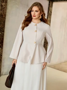 Roveilla European Women's Plus Size Waist-Cinching Slimming Metal Buckle Blazer And Versatile Slimming Skirt 2 Pieces Set Fall - Khaki - View 4