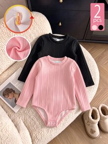 Elladie kids Girls' Solid Color Ribbed Knit Thickened Thermal Lined Semi-High Neck Long Sleeve Jumpsuit, Suitable For Autumn/Winter Layering, Casual Daily Style - Multicolor - View 7