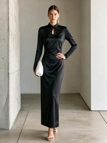 SHEIN Autumn New Chinese Satin Frog Button Cutout Ruched Split Midi Dress Vibe Fall Chinese Frog Button Side Ruched Back Split Party Dress - Black - View 7