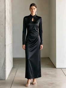 SHEIN Autumn New Chinese Satin Frog Button Cutout Ruched Split Midi Dress Vibe Fall Chinese Frog Button Side Ruched Back Split Party Dress - Black - View 6