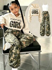 SHEIN 3件組女孩迷彩圖案運動衫上衣搭配迷彩休閒錐形長褲，適合春秋日常穿著 - 彩色 - 查看 4