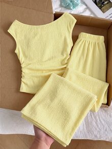 SHEIN 青少年女孩紋理兩件套：不對稱領口抓皺背心上衣與鬆緊腰寬腿長褲 - 黃色 - 查看 2