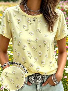 Selamara Women Floral Print Round Neck Short Sleeve T Shirt For All Seasons Suitable For Festivals - Yellow - View 1