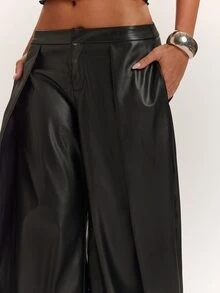 SHEIN BAE Pantalones largos plisados de cuero negro versátiles de moda para mujer otoño/invierno, atuendo de moda vintage, ropa de calle diaria, ropa de oficina para ir al trabajo, atuendo para fiesta en discoteca, atuendo para festival de música, atuendo para volver a la escuela - Negro - Ver 6
