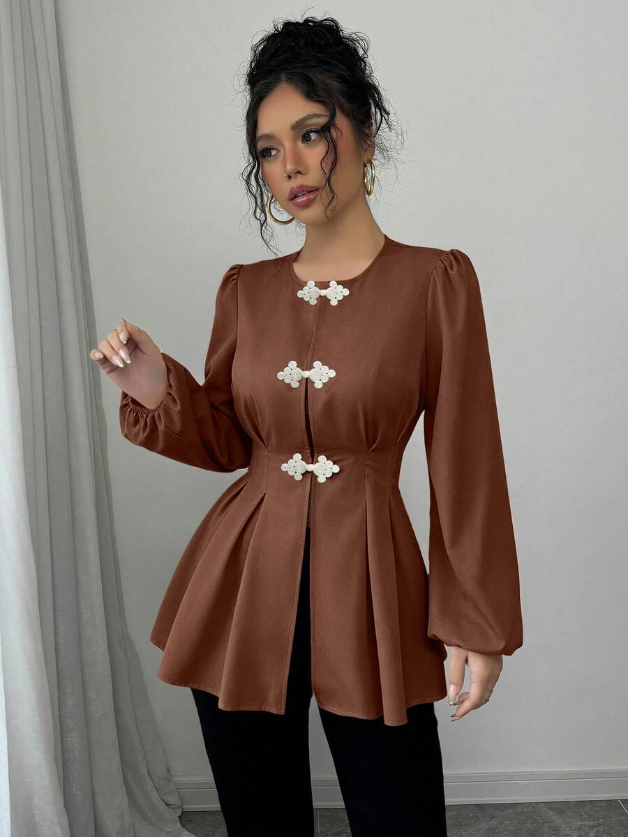 Fine & Folde Women's Round Neck Pleated Casual Versatile Daily Wear Blouse - Coffee Brown - View 1