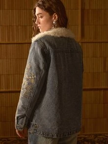 MOTF STUDIO WOMEN'S AUTUMN/WINTER VINTAGE DENIM & FLEECE PATCHWORK EMBROIDERED JACKET - Medium Wash - View 3