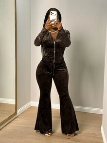 SHEIN BamGlam Women's Brown Velvet Hooded Zip-Up Cropped Sweatshirt And High-Waist Drawstring Flare Pants 2 Pieces Set - Brown - View 4