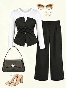 GlowEve CURVE Plus Size Elegant Elegant Autumn/Winter Round Neck Faux Two Pieces Ruched Long Sleeve Top & Straight Leg Pants 2 Pieces Set - Grey - View 3