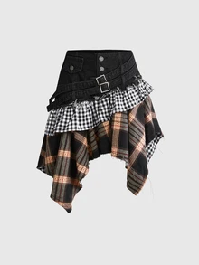 Sweetness Women's Plaid Patchwork Casual Daily Denim Mini Skirt - Multicolor - View 1