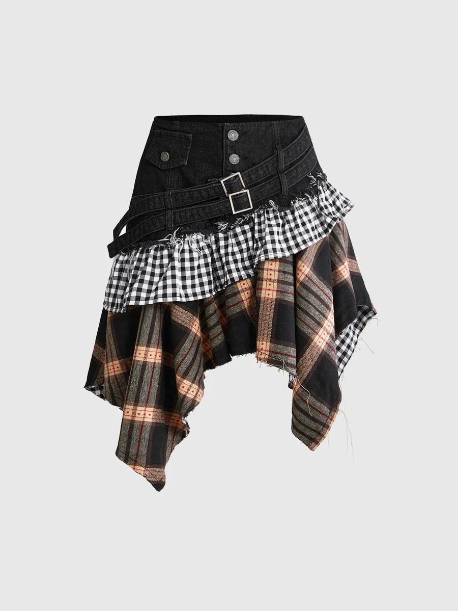 Sweetness Women's Plaid Patchwork Casual Daily Denim Mini Skirt - Multicolor - View 1