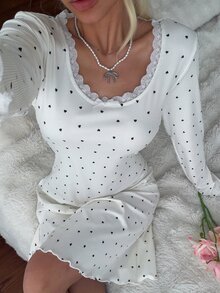 CottageSlumber Women's Lace Trim Fashion Minimalist Heart Print Long Sleeve Nightgown - Beige - View 3