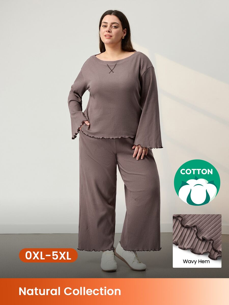 LUVLETTE Fall Women's Plus Size Brown Round Neck Long-Sleeved Pants Loungewear Set, Ribbed Texture Fabric, Comfortable Cotton Pajamas Lounge Sets For Women - Coffee Brown - View 1