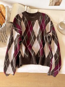 CosyJoli Women's Diamond Pattern Round Neck Long Sleeve Casual Versatile Sweater - Multicolor - View 1
