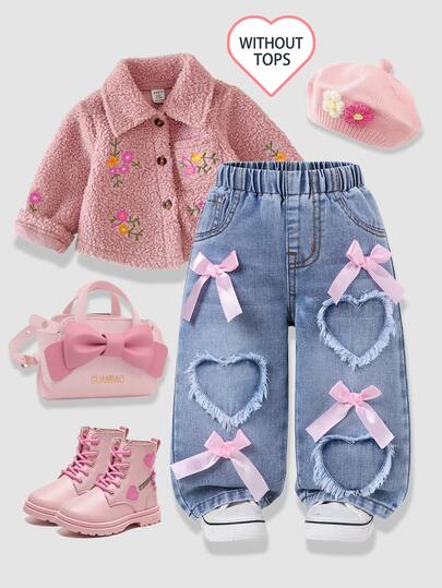 Baby Girl Autumn Light Blue Washed Wide Leg Denim Jeans, Cute Frayed Hem Heart Patch Decor, Pink Bowknot Accent, Sweet Casual Denim Pants