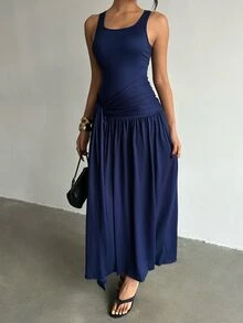 Nuvra Women's 2-In-1 Spaghetti Strap Ruched Tie Waist Tummy Control Butt Lift Body Shaping Long Dress - Blue - View 7