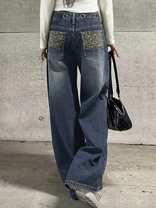 FRIFUL 女款寬腿鬆垮休閒百搭牛仔褲，附口袋 - 藍色 - 查看 7