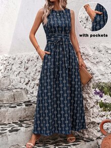 SHEIN Clasi 女款夏季度假刺繡腰繫帶口袋洋裝 - 藏蓝色 - 查看 1