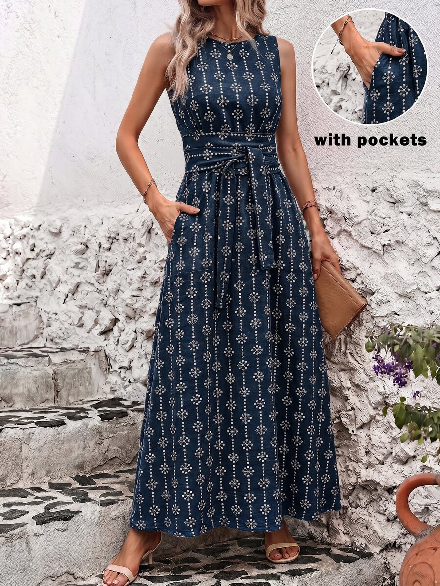 SHEIN Clasi 女款夏季度假刺繡腰繫帶口袋洋裝 - 藏蓝色 - 查看 1