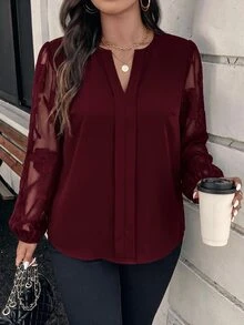 Reflora Plus Size Elegant Cutout V-Neck Business Blouse - Burgundy - View 7