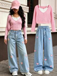 SHEIN 2件組 青少年女孩可愛拼接V領長袖T恤與刺繡牛仔褲套裝，秋季 - 彩色 - 查看 3
