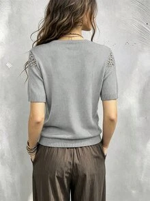 SHEIN Franclia Atasan Rajut Kasual Lengan Pendek Motif Berongga Warna Polos untuk Wanita - Grey - View 2