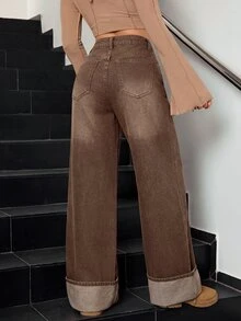 SHEIN Tall 冬季女款休閒水洗復古時尚翻邊設計寬腿牛仔褲 - 棕色 - 查看 3