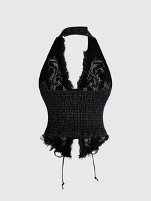 ROMWE 女款復古機車風 J-FASHION 新中式刺繡掛脖性感牛仔上衣 - 黑色 - 查看 2
