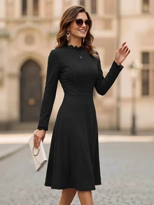EMERY ROSE Women's Solid Color Casual Elegant Minimalist Party Office Semi Formal Mid-Length Dress Black Autumn - Black - View 6