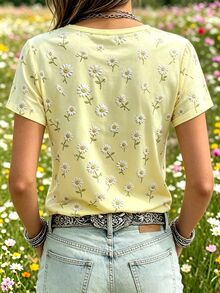 Selamara Women Floral Print Round Neck Short Sleeve T Shirt For All Seasons Suitable For Festivals - Yellow - View 2