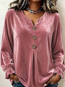 Linhara CURVE Plus Size Women's Autumn/Winter Pink Small V-Neck Button Decor Long Sleeve Petal Sleeve Loose Slimming Blouse - Pink - View 6