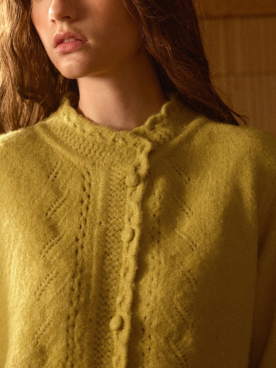 MOTF STUDIO WOMEN'S AUTUMN/WINTER CROCHETED LACE TRIM WARM SHORT PILE KNIT CARDIGAN - Mustard Yellow - View 2