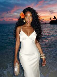 Slaydiva Women's Pale Yellow Lace-Trimmed Halter-Neck Satin Fishtail Maxi Dress, Perfect For Music Festivals, Valentine's Day, Easter, Weddings, Seasonal Holidays, Casual And Elegant Commuting, Everyday Wear, Work Attire, Vacation Parties, Cruise Parties, Basic Style, Everyday Wear, And Dates. - Apricot - View 6