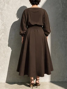 Linhara CURVE Round Neck Long Sleeve A-Line Skirt With Pockets Waist-Cinching Dress - Coffee Brown - View 2