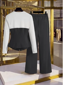 GlowEve CURVE Plus Size Elegant Elegant Autumn/Winter Round Neck Faux Two Pieces Ruched Long Sleeve Top & Straight Leg Pants 2 Pieces Set - Grey - View 2