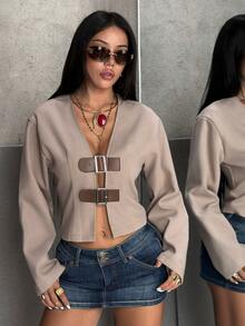 EgrlEra Sexy Hot Girl V-Neck Leather Buckle Decor Waist-Cinching Slimming Short Long Sleeve Wool - Light Grey - View 5