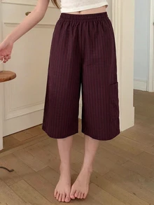 DAZY Women's Elastic Waist Striped Pocket Design Casual 7/8 Length Pajama Pants - Red - View 5