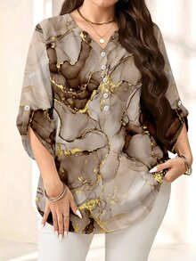 EMERY ROSE Plus Size Women's Tie-Dye V-Neck Casual Daily Wear Blouse - Multicolor - View 1