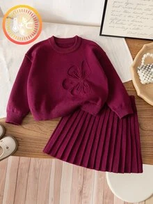 SHEIN 4-7歲女童灰色3D手工刺繡大花圓領針織毛衣百褶裙兩件套，兒童校園校服、出遊、生日拍照穿搭，柔軟簡約，適合春秋/秋冬 - 酒紅色 - 查看 3