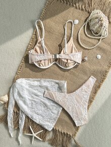 Bonvoyette 女款 3 件組海灘泳衣套裝，含鋼圈蕾絲背心、三角比基尼泳褲與綁帶式裙襬 - 白色 - 查看 2
